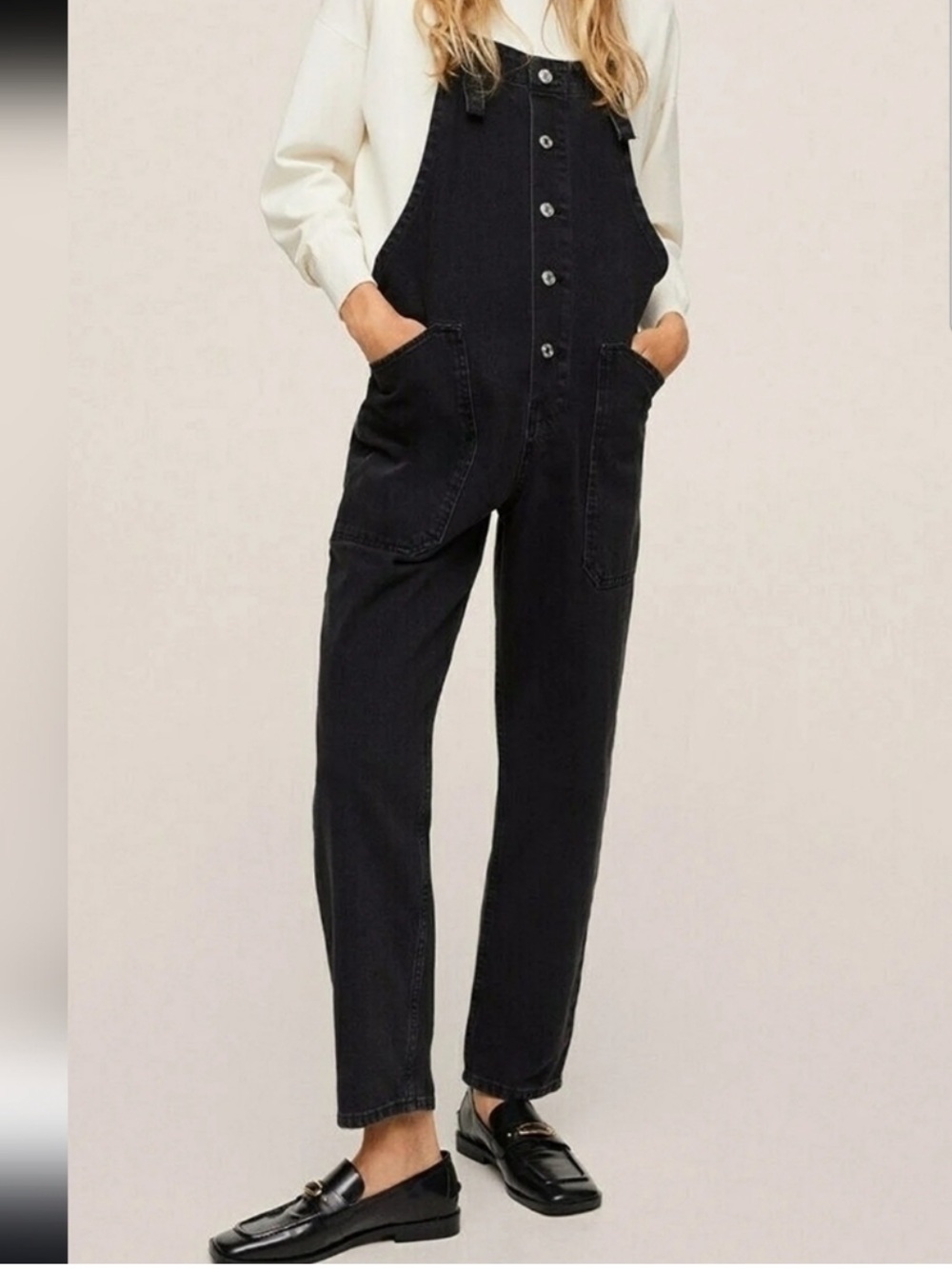 Mango 100% Cotton Black Button-Front Overalls Jumpsuit-Small